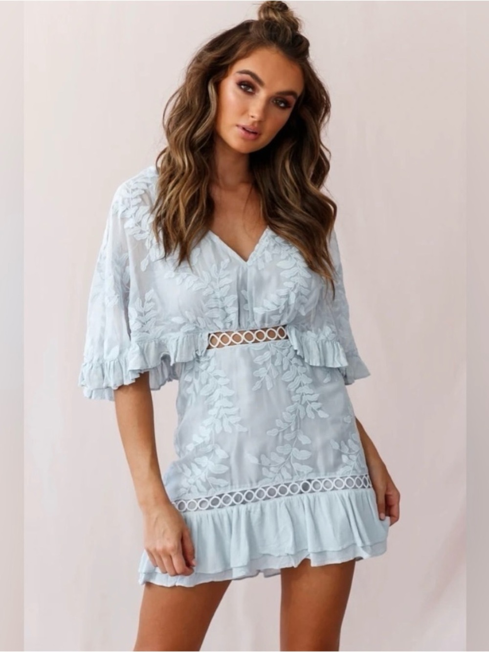 Selfie Leslie Light Blue Embroidered Mini Dress